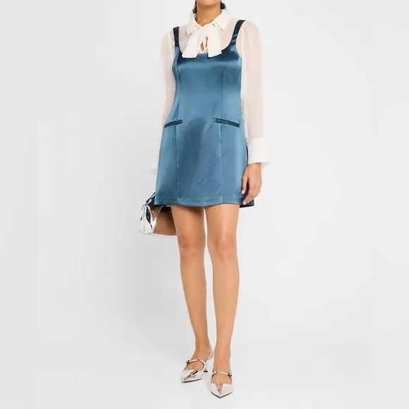 NWT Cinq à Sept Naia Tie-Neck Satin Long Sheer Sleeve Mini Dress - Picture 2 of 10